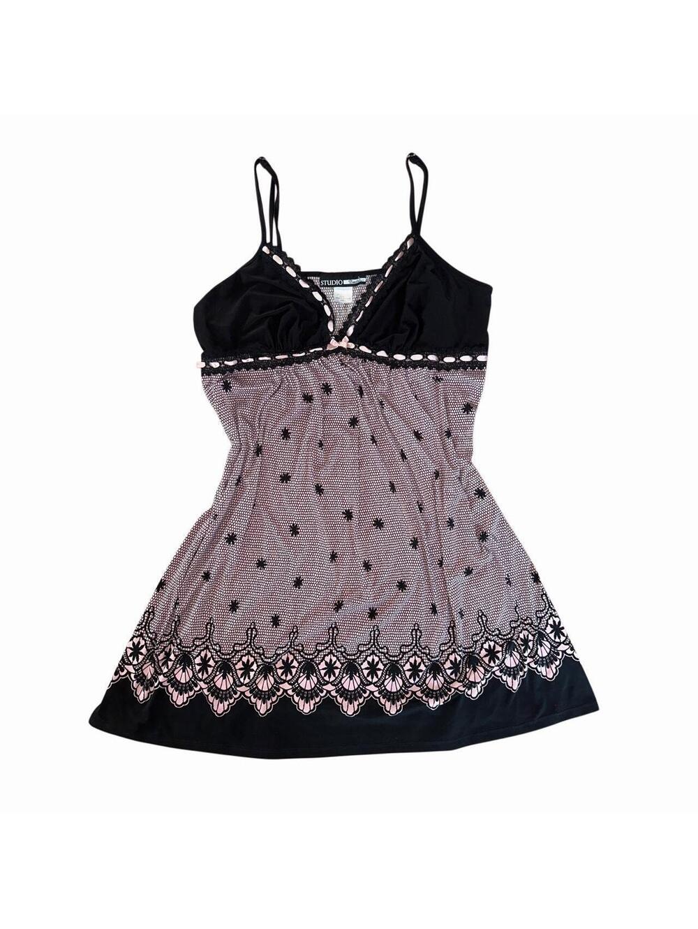 Donatella Babydoll Slip Dress Black Pink Lace Design Lingerie Large, Y2k Glam